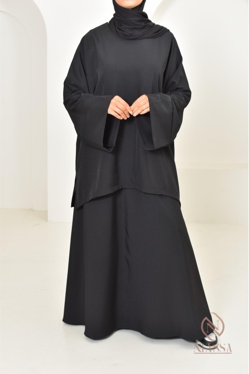 2-piece modern long skirt tunic set in black, ideal for veiled women