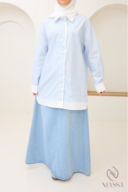 Chemise mi longue Bicolore en coton pour femme hijabi tendance