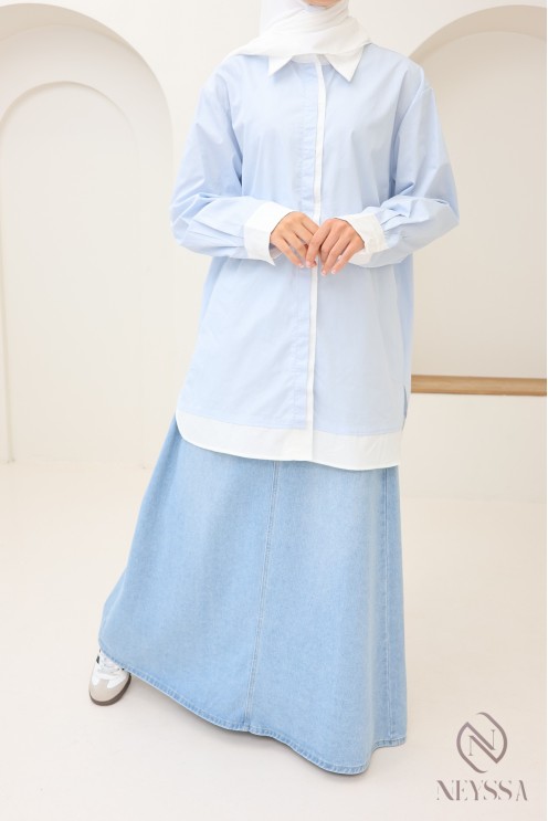 Chemise mi longue Bicolore en coton pour femme hijabi tendance