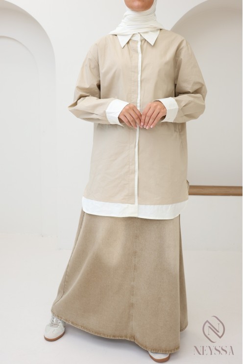Mid-length two-tone cotton shirt for trendy hijabi women