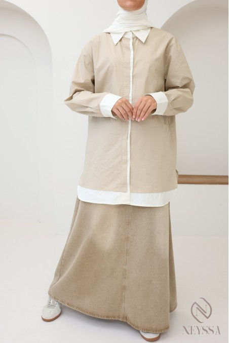 Chemise mi longue Bicolore en coton pour femme hijabi tendance