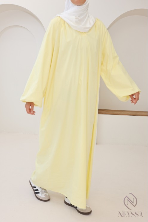 Lange Abaya aus Baumwolle mit Puffärmeln und Hemdkragen