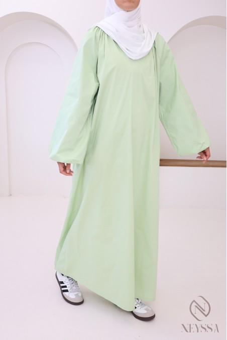 Abaya longue à manches bouffantes en coton, col chemise
