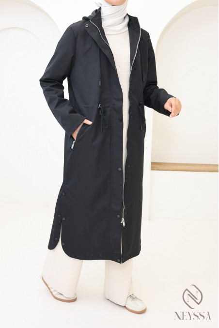 Veste longue à capuche parka déperlant bas arrondi noir femme