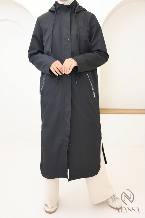 Long water-repellent hooded parka jacket with rounded hem in black