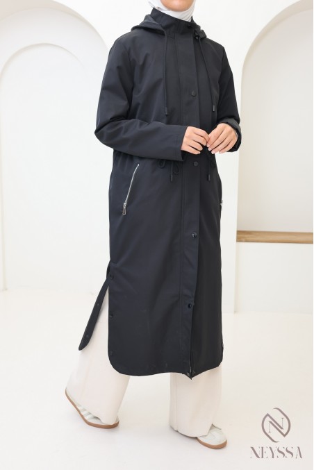 Long water-repellent hooded parka jacket with rounded hem in black