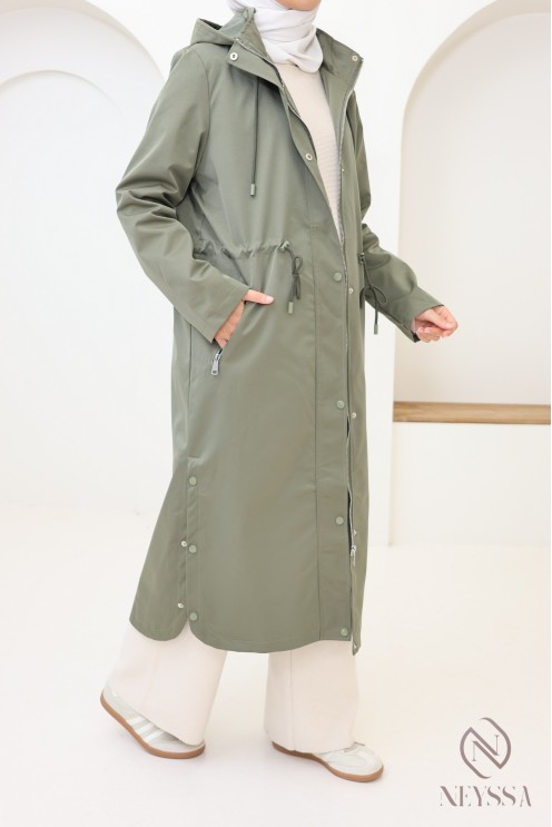 Long khaki parka for women, rain-repellent fabric