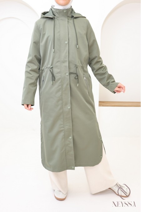 Long khaki parka for women, rain-repellent fabric