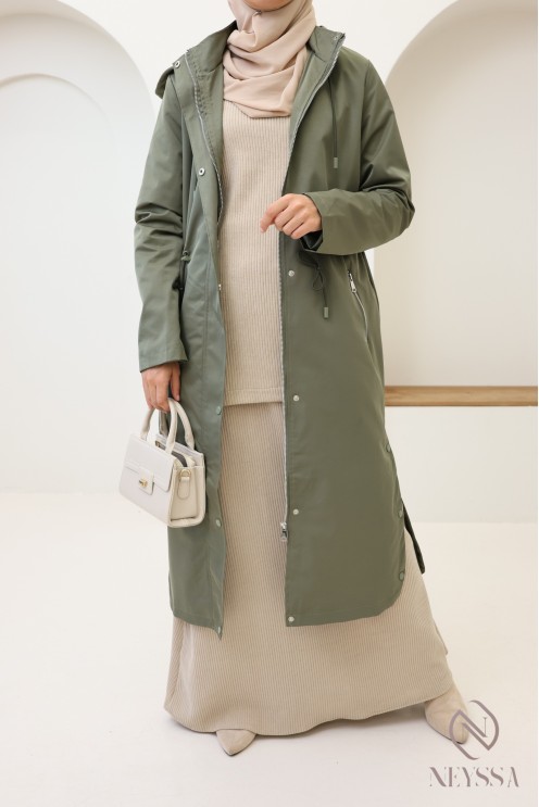 Long khaki parka for women, rain-repellent fabric