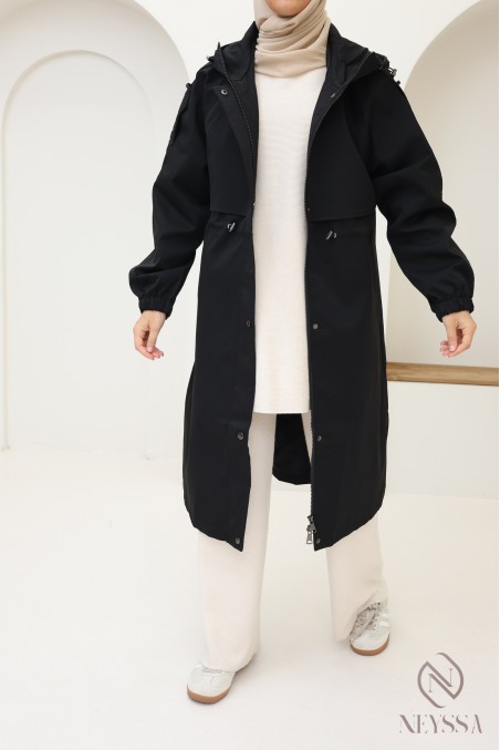 Long parka-style jacket, modern chic cut for hijabi women