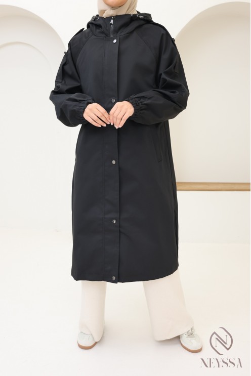 Long parka-style jacket, modern chic cut for hijabi women