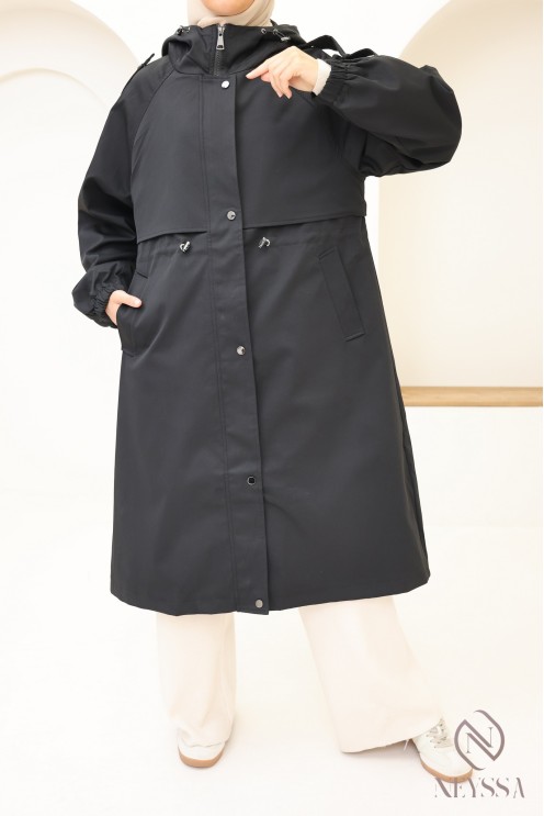 Long parka-style jacket, modern chic cut for hijabi women