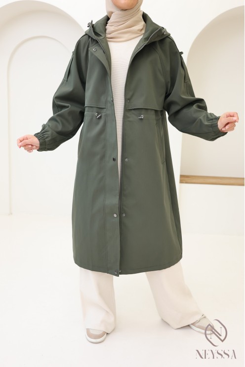 Long women's coat in chic khaki parka style, rainy weather