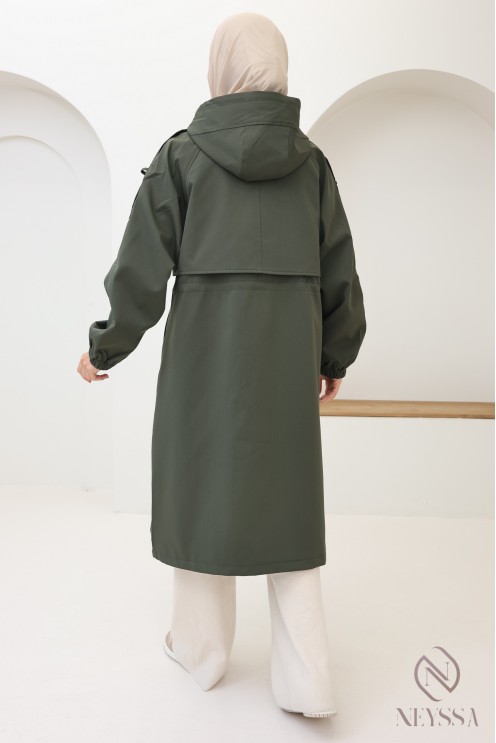 Long women's coat in chic khaki parka style, rainy weather