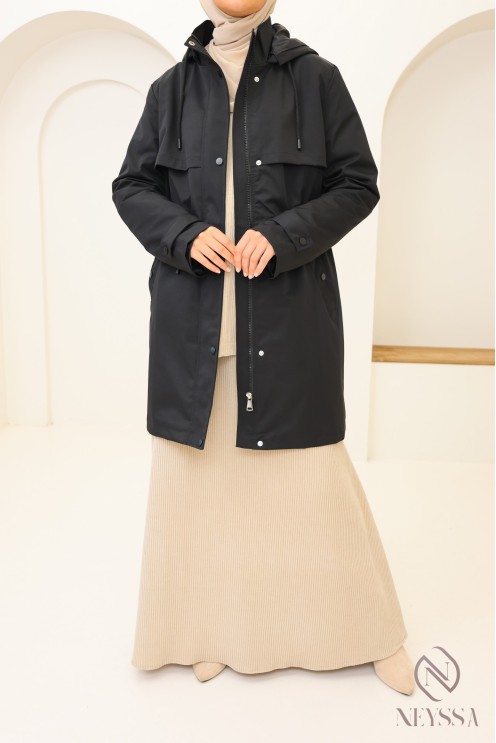 Mittellanger schwarzer Parka für Damen aus wasserabweisendem Stoff