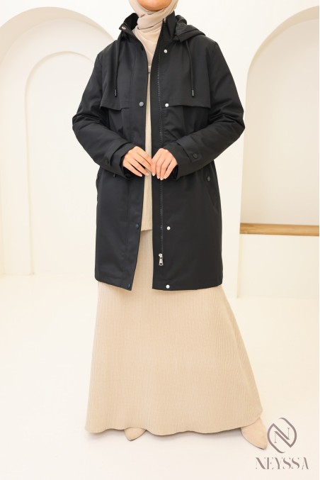 Parka mi longue noir pour femme hijabi tendance, tissu hydrofuge