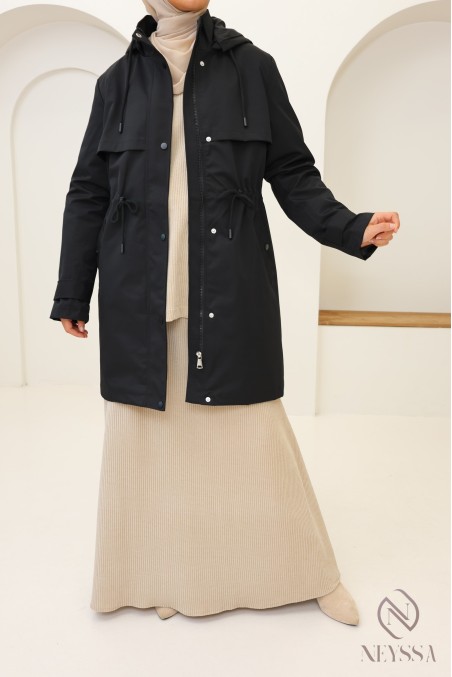Parka mi longue noir pour femme hijabi tendance, tissu hydrofuge