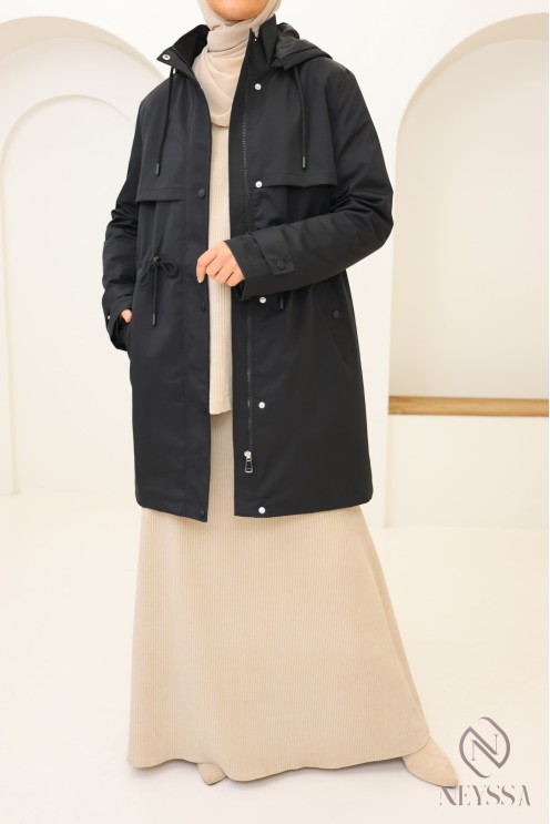 Trendy black mid-length parka for hijabi women, water-repellent fabric