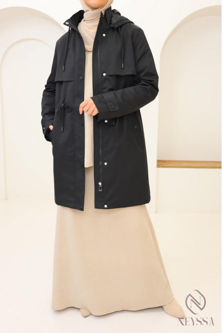 Trendy black mid-length parka for hijabi women, water-repellent fabric