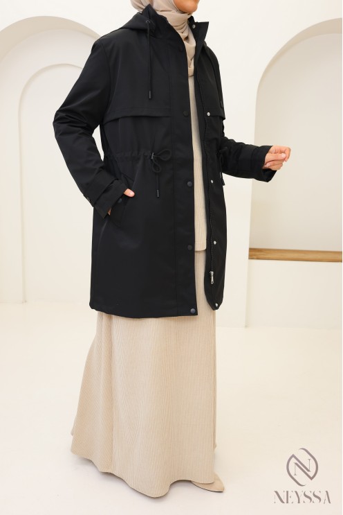 Parka mi longue noir pour femme hijabi tendance, tissu hydrofuge