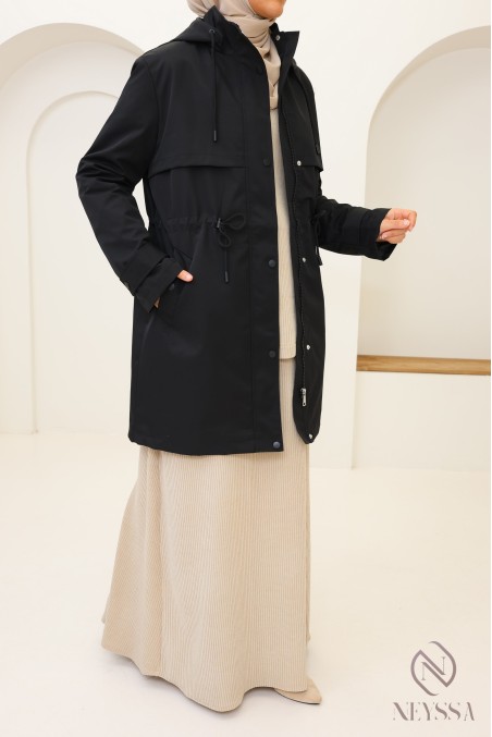 Parka mi longue noir pour femme hijabi tendance, tissu hydrofuge