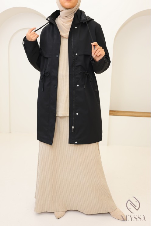 Trendy black mid-length parka for hijabi women, water-repellent fabric