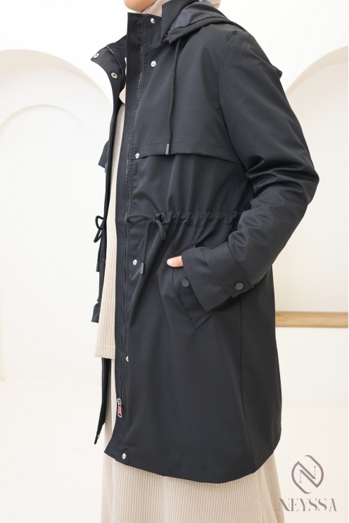 Parka mi longue noir pour femme hijabi tendance, tissu hydrofuge