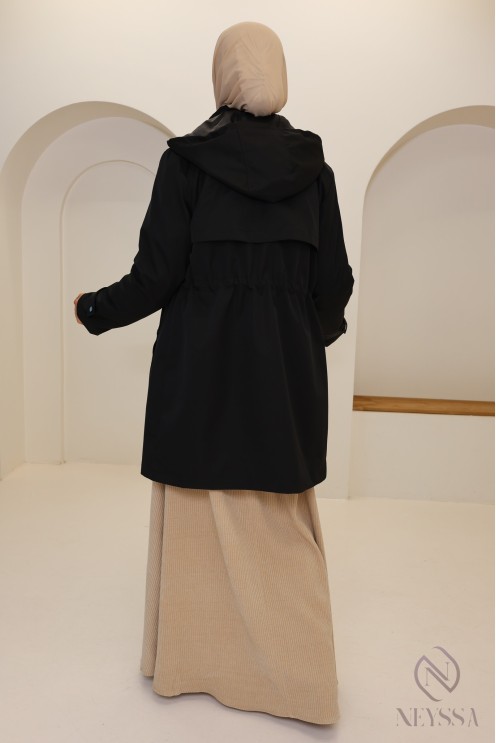 Parka mi longue noir pour femme hijabi tendance, tissu hydrofuge
