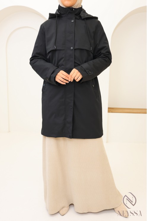 Parka mi longue noir pour femme hijabi tendance, tissu hydrofuge