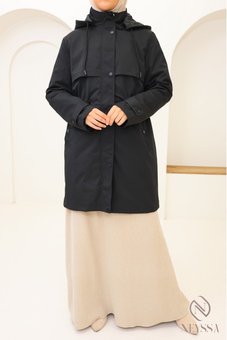 Trendy black mid-length parka for hijabi women, water-repellent fabric