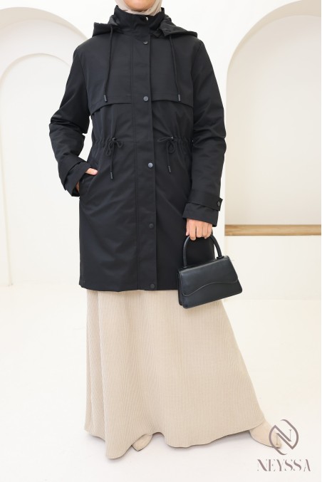 Trendy black mid-length parka for hijabi women, water-repellent fabric