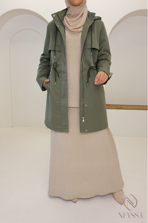 Veste Parka mi longue kaki coupe droite, idéale pour l'automne