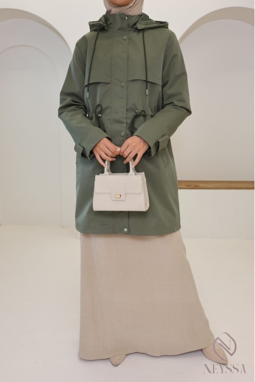 Mid-length khaki parka jacket with a straight cut, ideal for fall