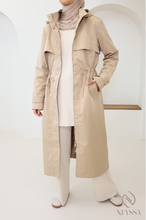 Long praline parka with zip, water-repellent, ideal for rainy days