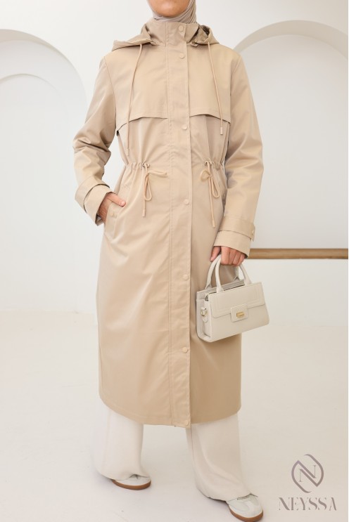 Longue parka praline à zip, tissu hydrofuge idéal lors de la pluie