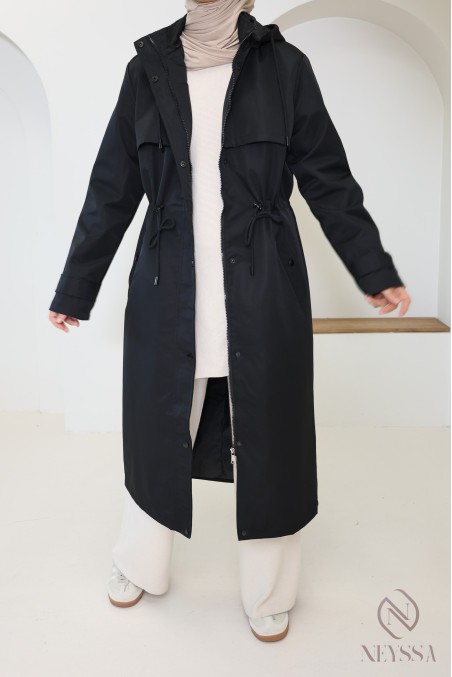 Long black water-repellent parka with removable hood