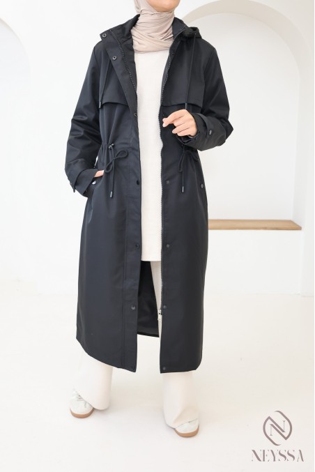 Long black water-repellent parka with removable hood