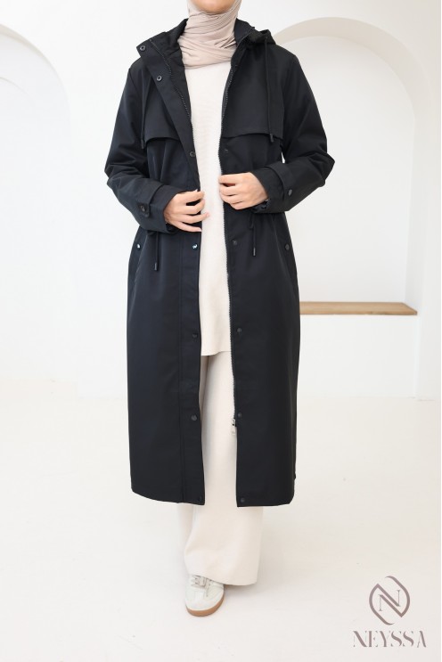 Longue parka noir déperlante avec capuche amovible