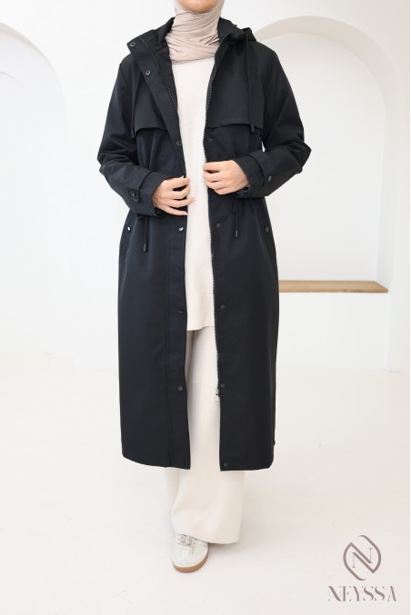 Long black water-repellent parka with removable hood