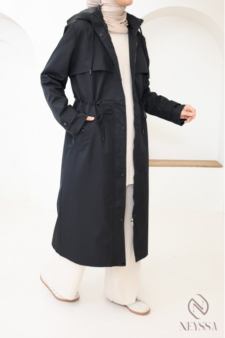Long black water-repellent parka with removable hood