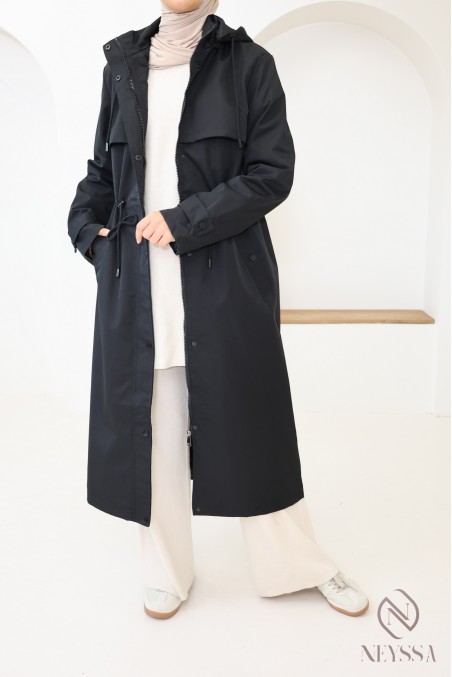 Long black water-repellent parka with removable hood