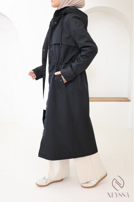 Long black water-repellent parka with removable hood