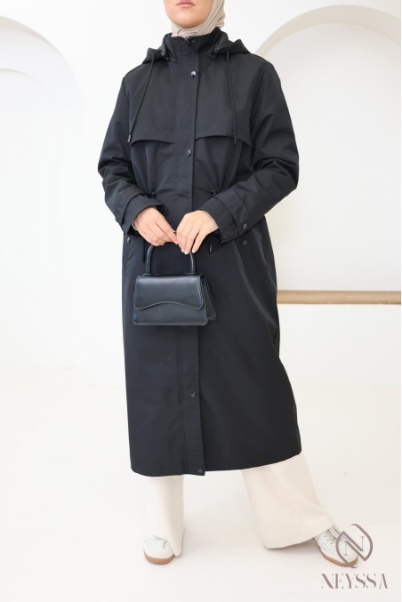 Longue parka noir déperlante avec capuche amovible