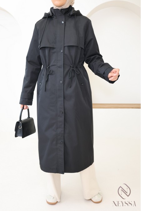 Long black water-repellent parka with removable hood