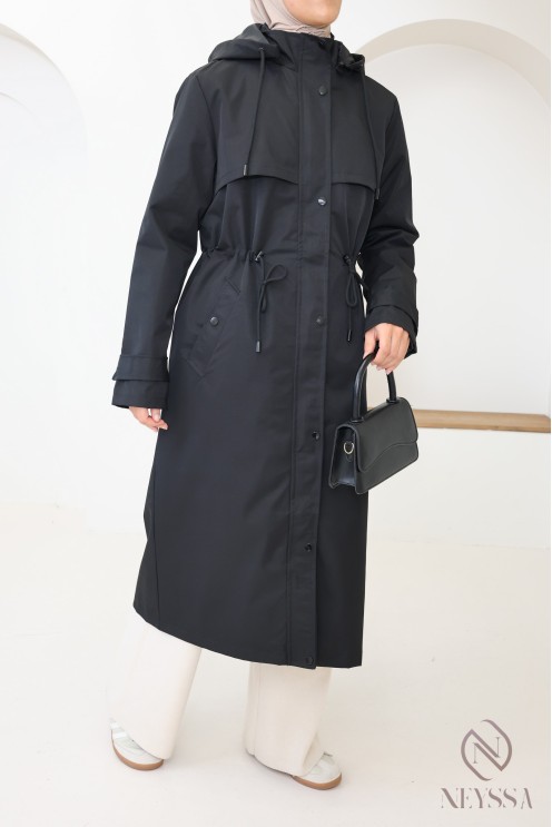 Long black water-repellent parka with removable hood