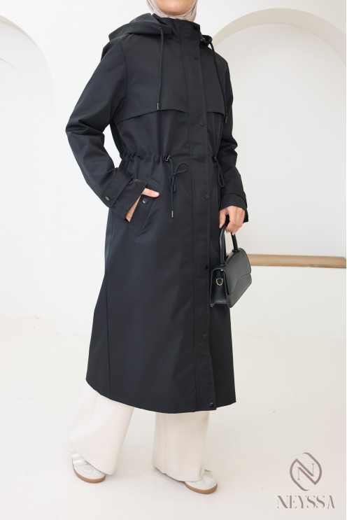 Longue parka noir déperlante avec capuche amovible