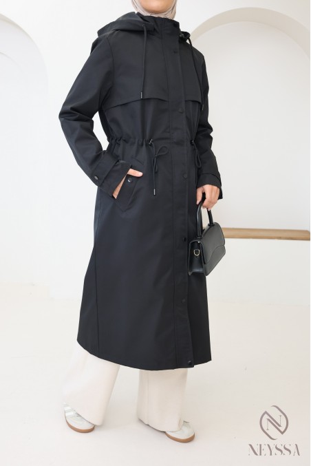 Longue parka noir déperlante avec capuche amovible
