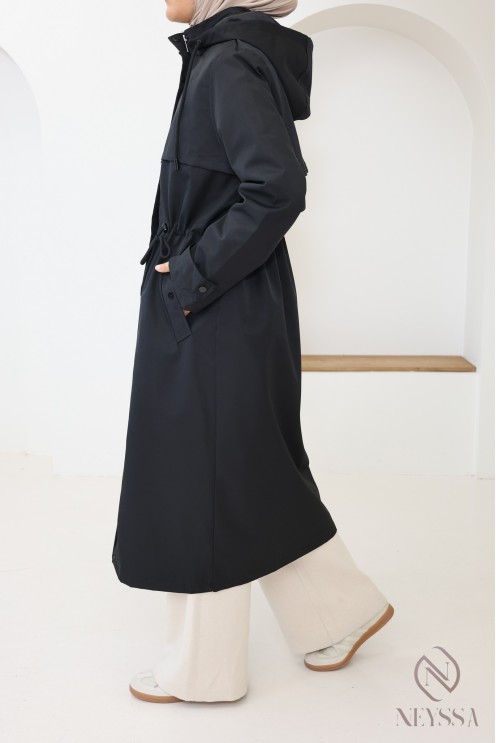 Longue parka noir déperlante avec capuche amovible