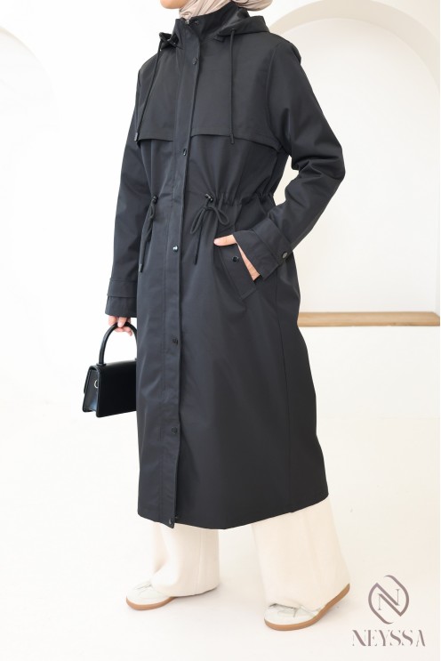 Longue parka noir déperlante avec capuche amovible