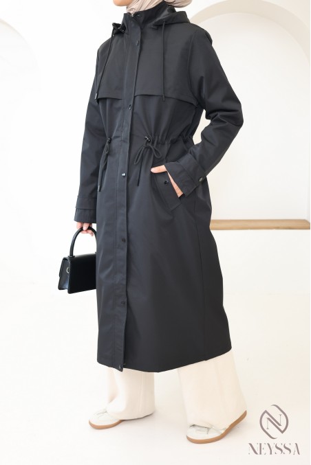 Longue parka noir déperlante avec capuche amovible